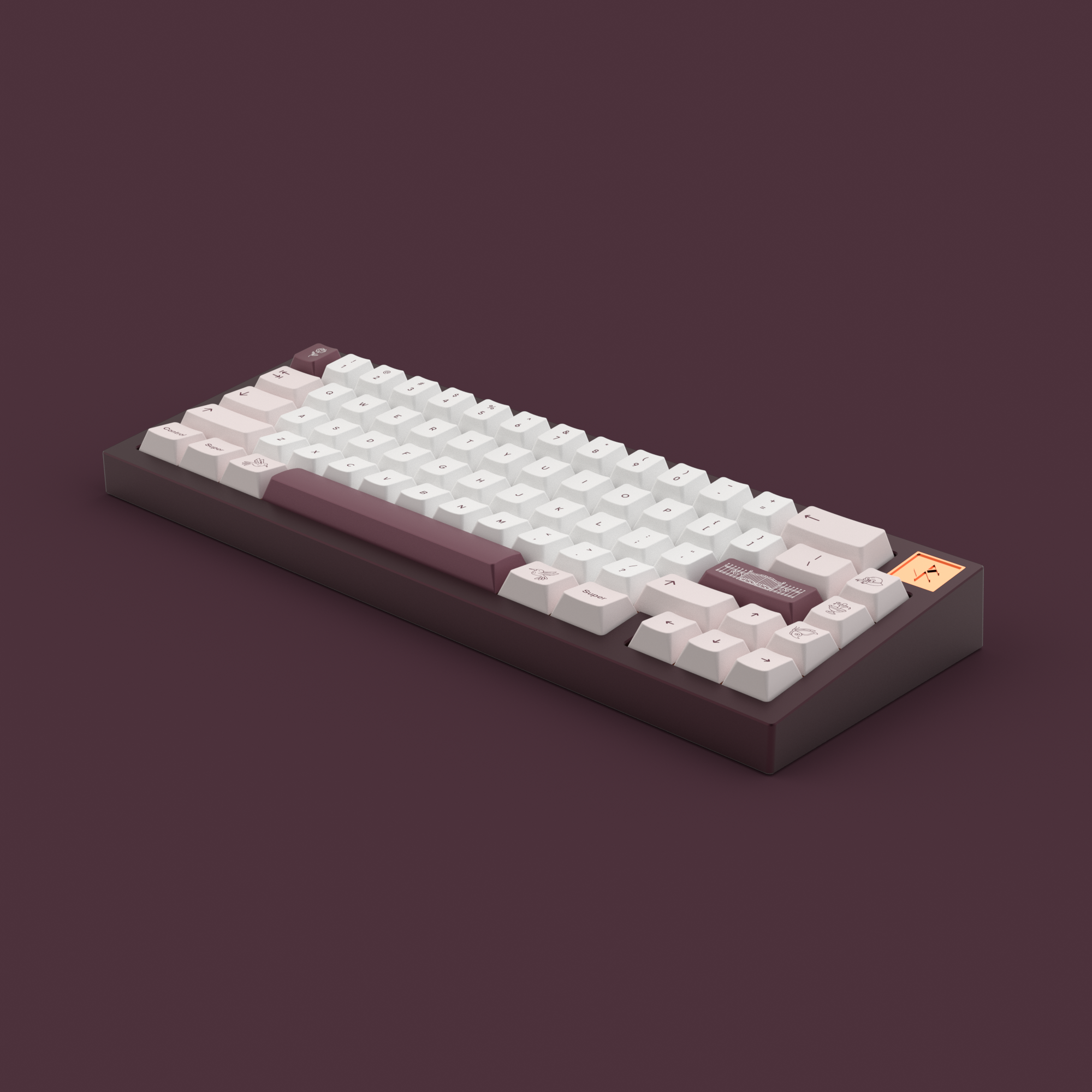 RENDER: Teacaps Rosewater keycaps on a plum Iron165 keyboard against a red background.