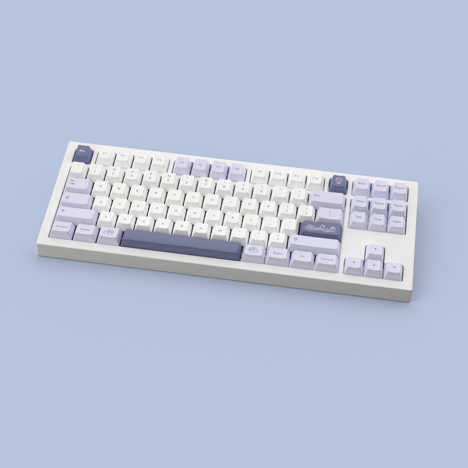 RENDER: Teacaps Parfait keycaps on a white Iron180 keyboard.