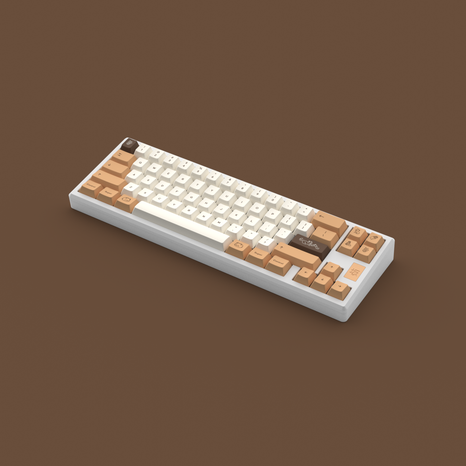 Brown Sugar Boba keycaps on a white Saka68 keyboard against a dark brown background.