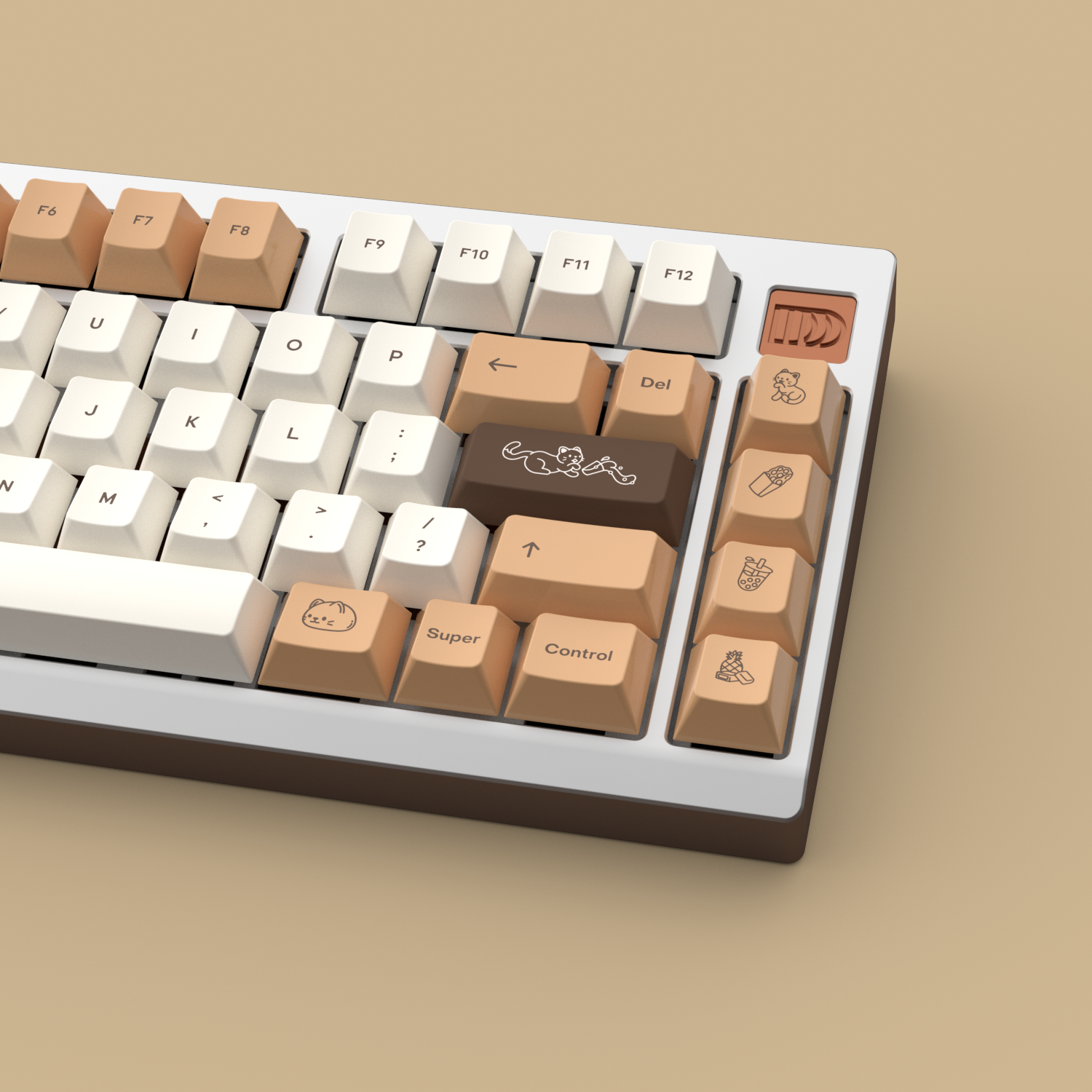 Brown Sugar Boba keycaps on a silver Serendipity 40% keyboard against a light brown background.