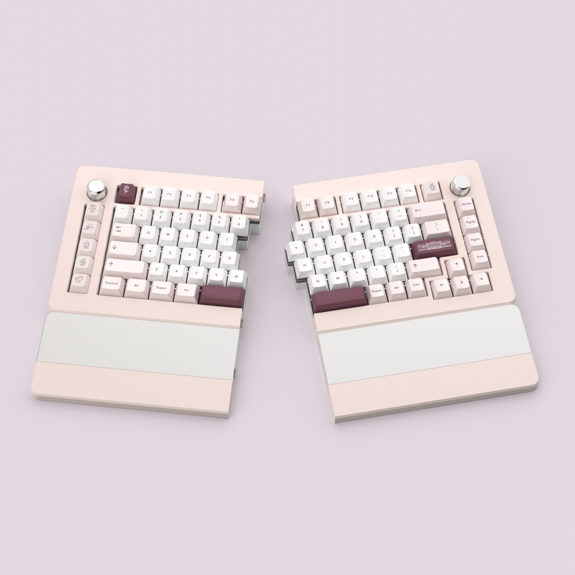 RENDER: Teacaps Rosewater keycaps on a pink Theseus75 split keyboard against a pink background.