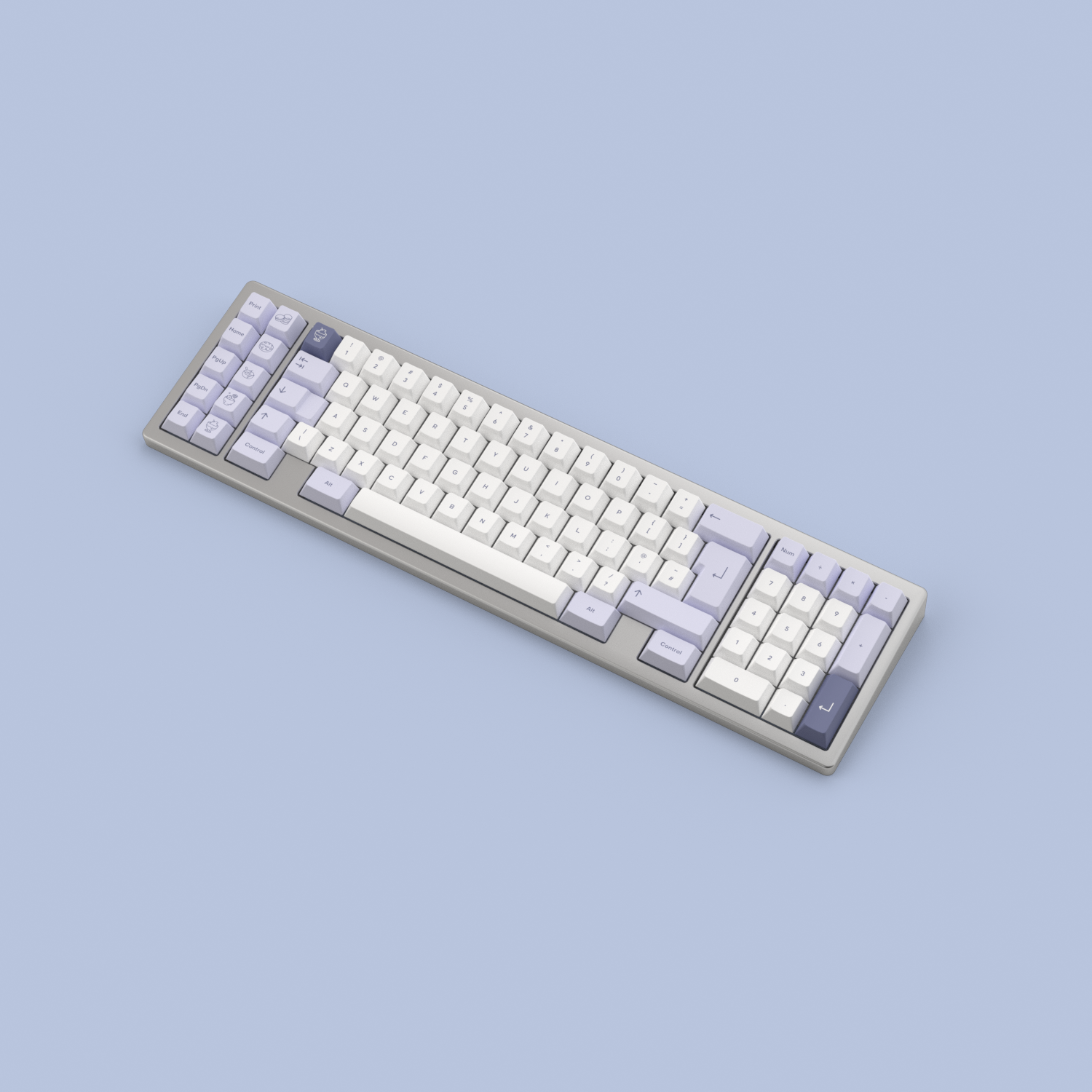 RENDER: Teacaps Parfait keycaps on a silver W1-AT keyboard.