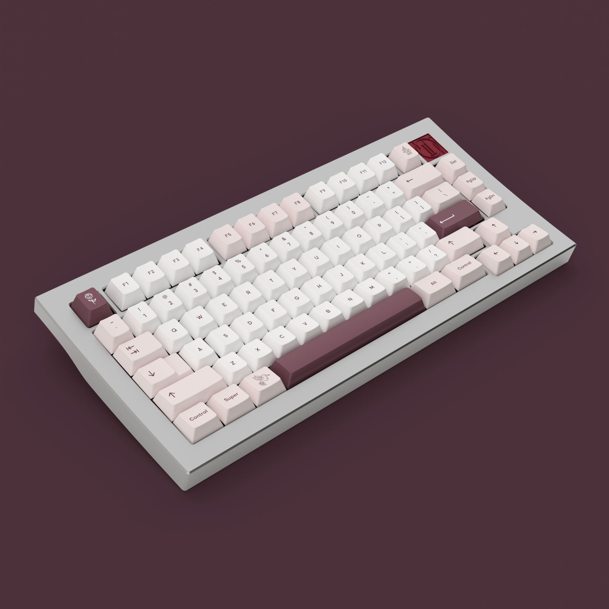RENDER: Teacaps Rosewater keycaps on a silver Werk One keyboard against a red background.