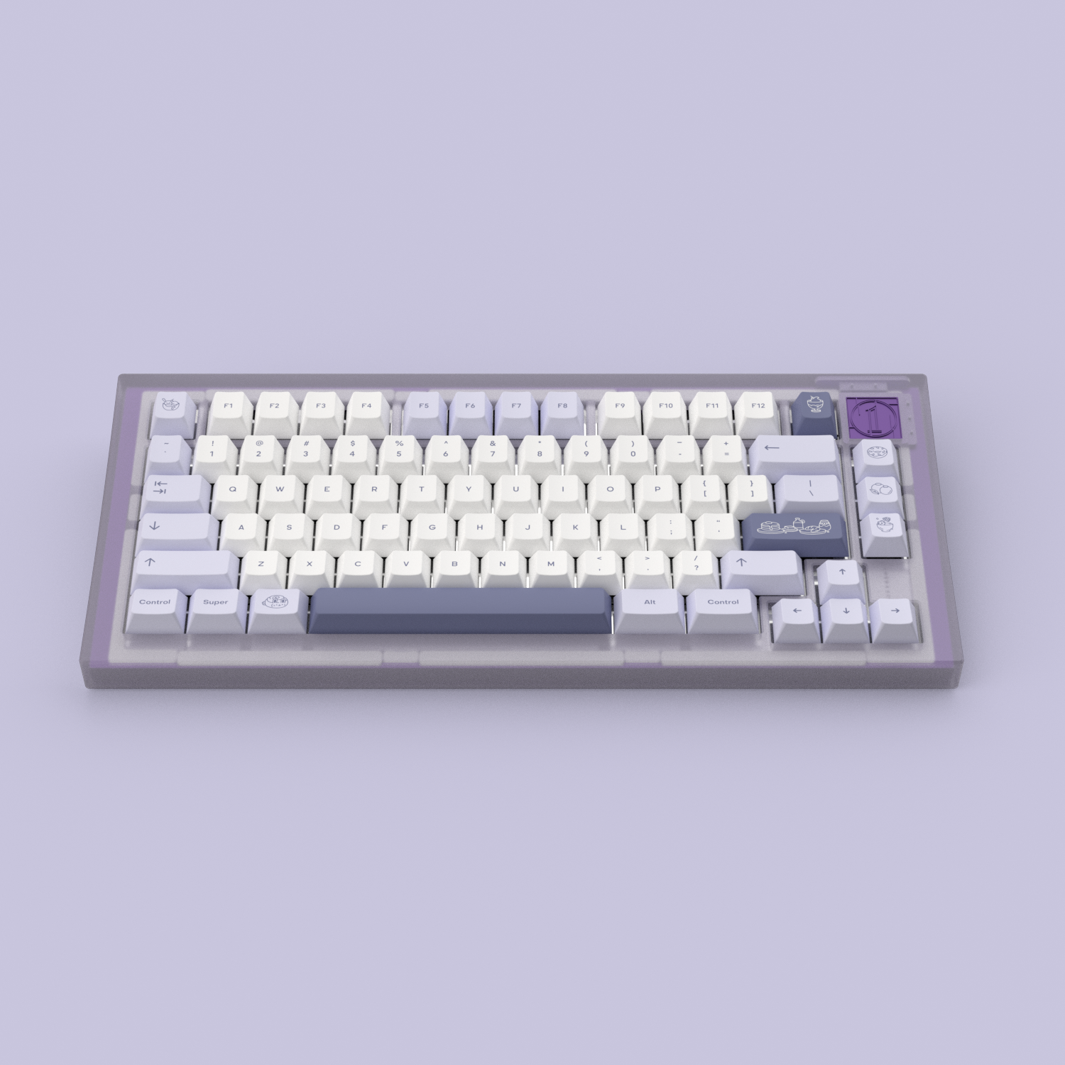 RENDER: Teacaps Parfait keycaps on a purple Aurora Werk One keyboard.