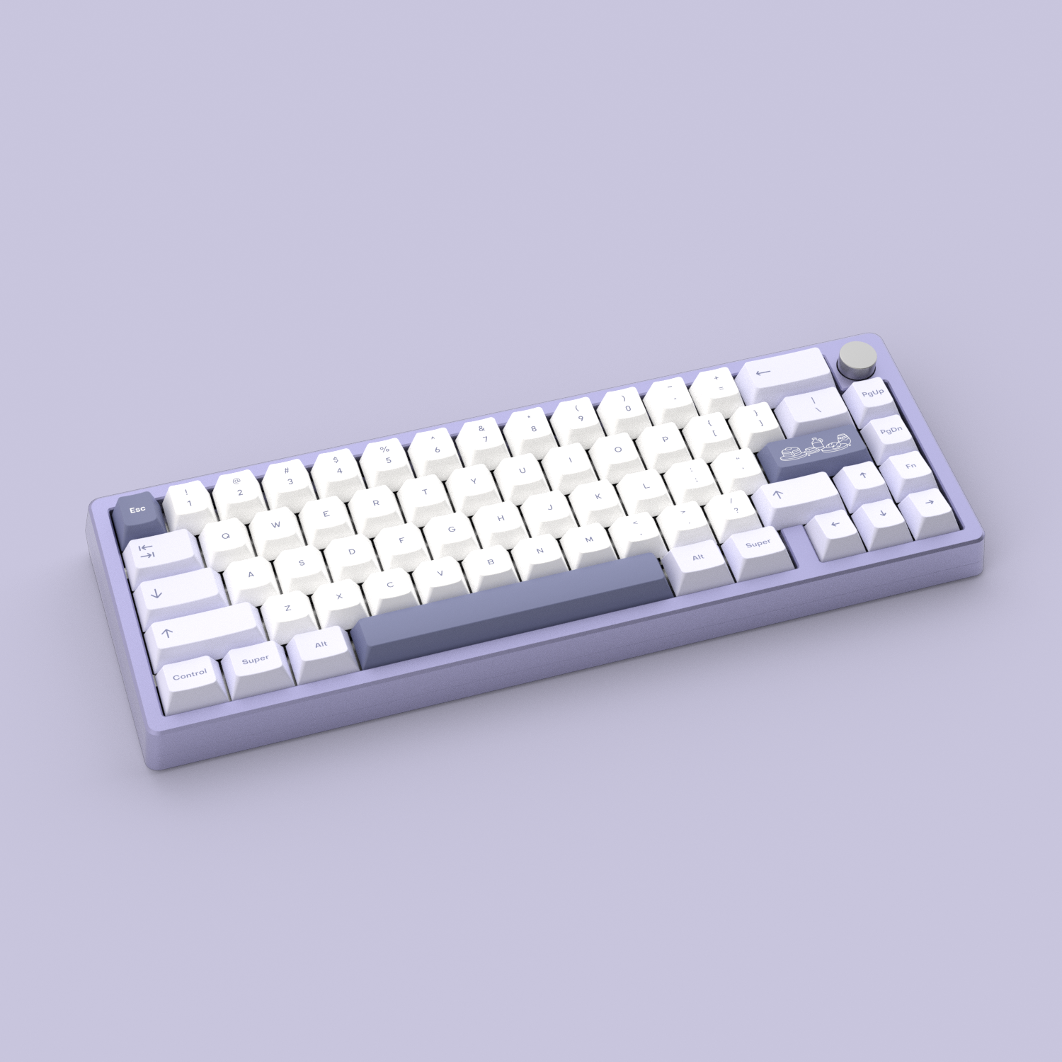RENDER: Teacaps Parfait keycaps on a lavender Zoom65 keyboard.