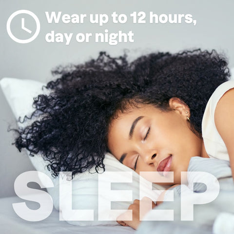 A model is pictured sleeping with the copy "wear up to 12 hours, day or night" and a larger heading that reads "sleep"