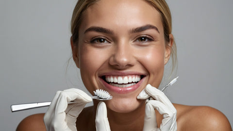 אישה מראה שיניים לבנות עם כלים דנטליים, טיפים להלבנת שיניים בבית