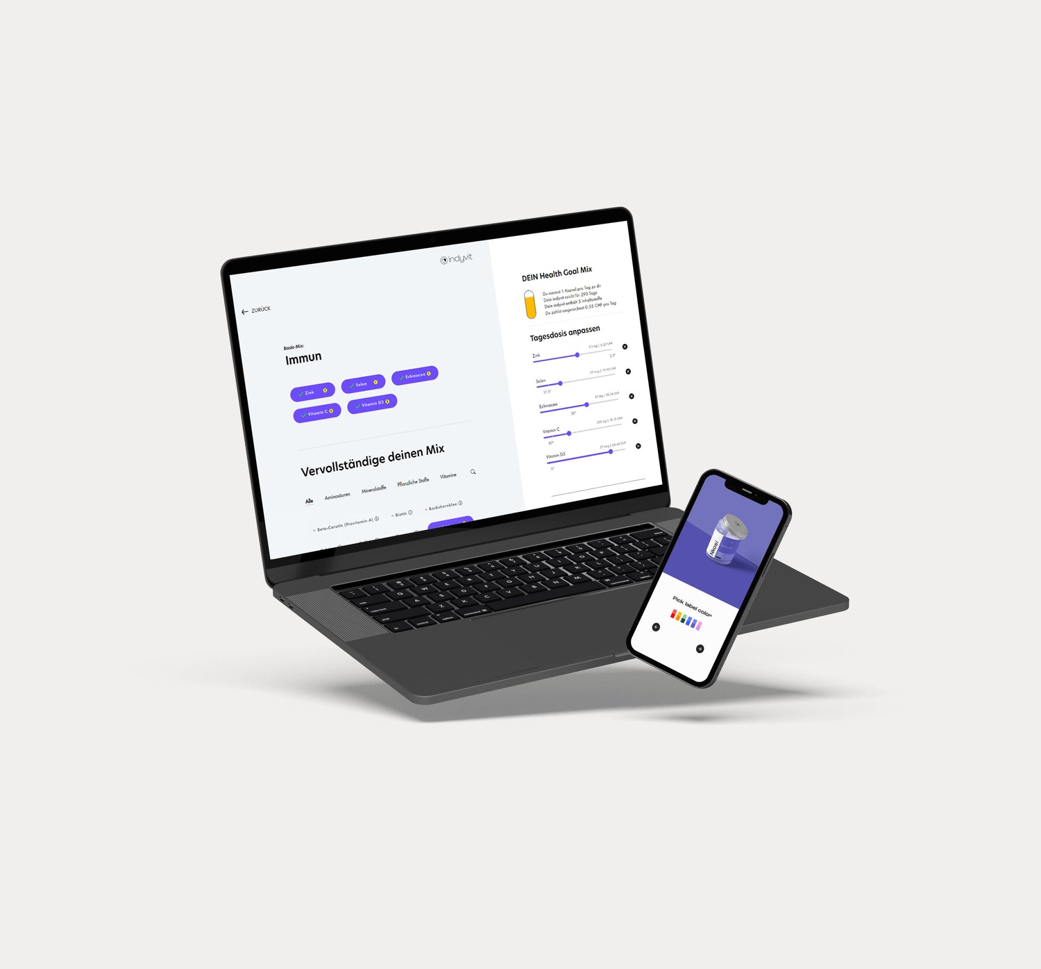 Laptop und Smartphone mit indyvit Konfigurator