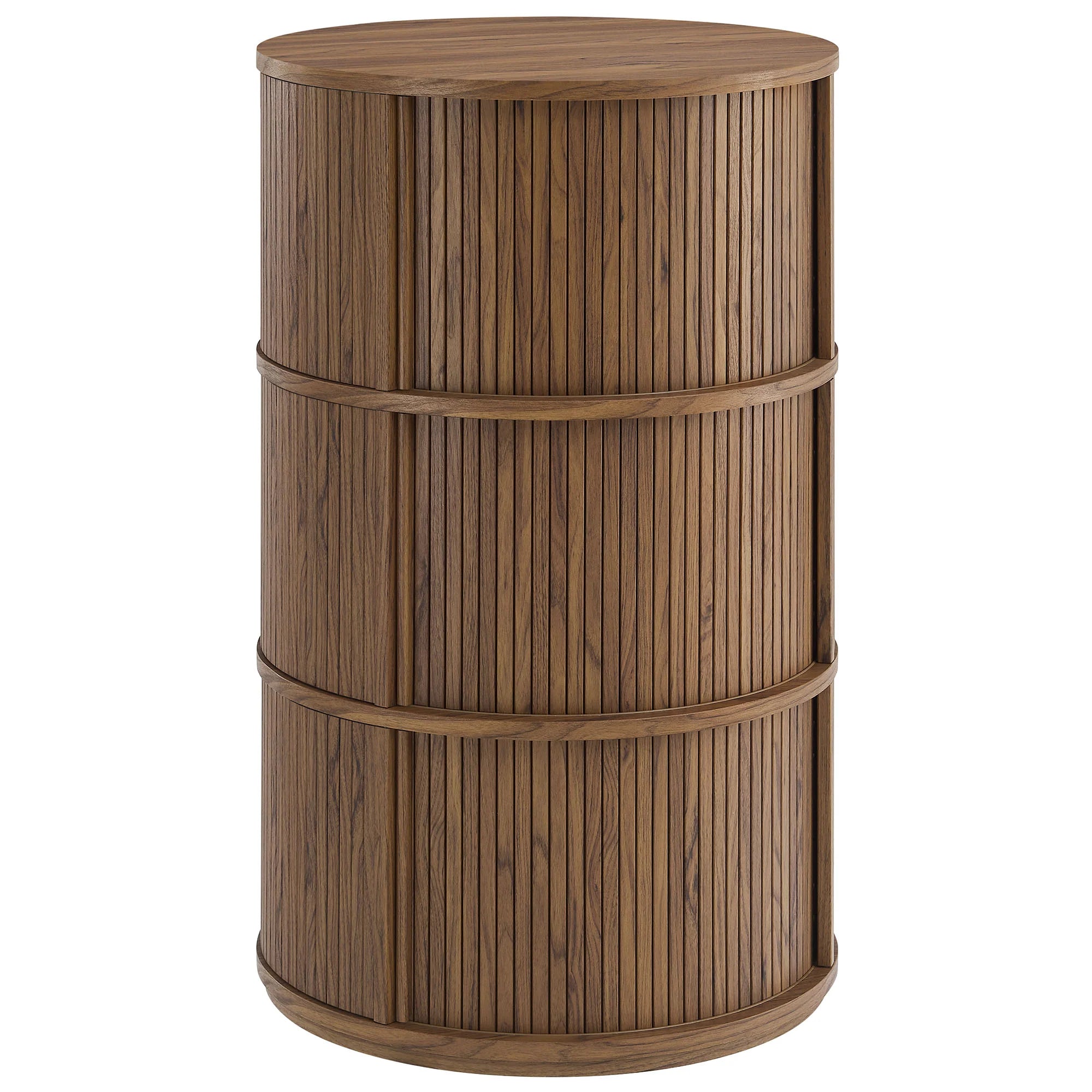 Clement Round Pedestal Stand Storage Table with Sliding Tambour Doors – Walnut Finish