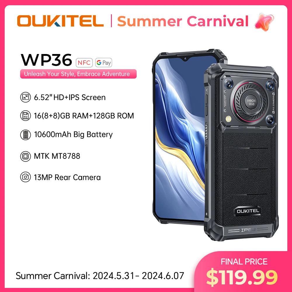 Oukitel WP36 Rugged Smartphone Android 13 Cell Phone With 10600mAh 6.52" HD+13MP Camera