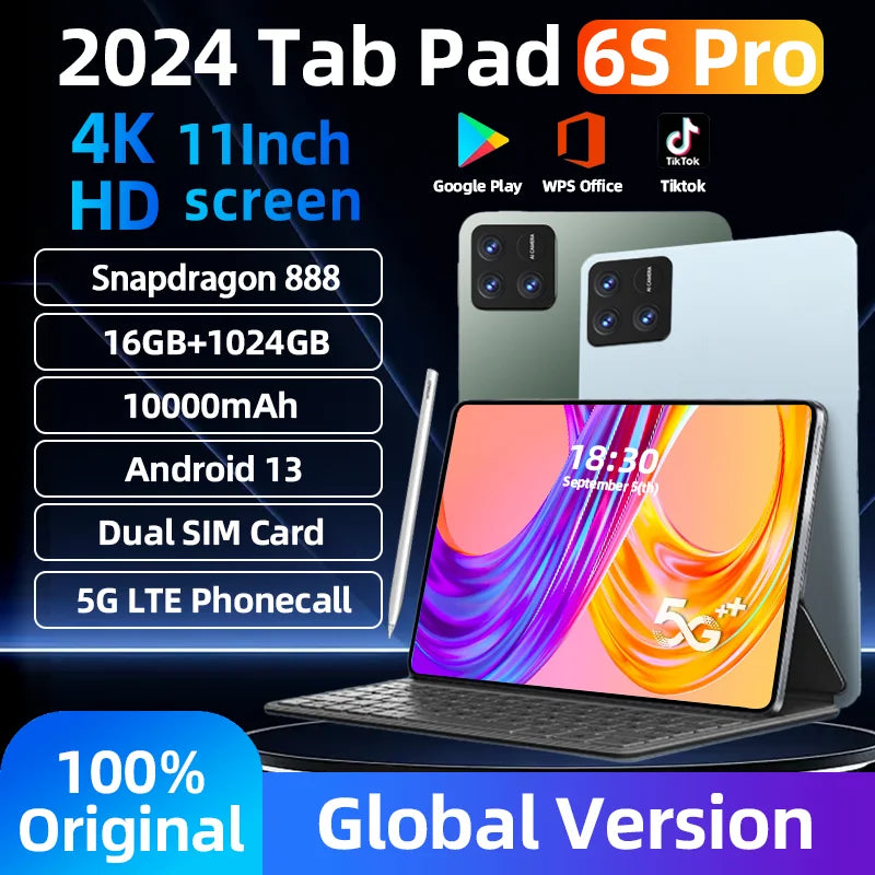 2024 Pad 6S Pro Global Version Tablet PC Snapdragon 888 Android 13 11" Display HD 4K