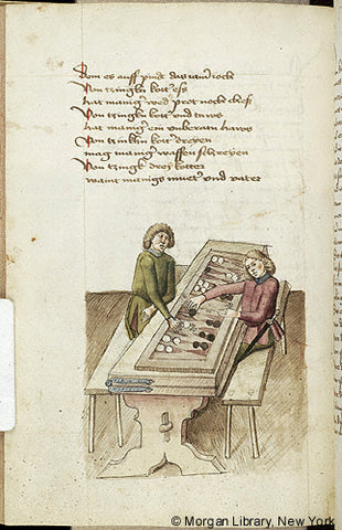 Literary Austria, probably in Tyrol, last quarter of the 15th century MS M.763 fol. 134v  See more information »  Der Renner: Scene, about Backgammon -- Two men, seated on benches on opposite sides of hinged table, play backgammon.