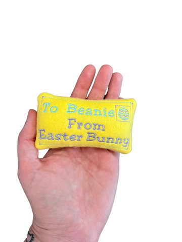 A yellow letter cat toy that is addressed from the Easter Bunny. The cat toy is personalized with the cat or dog's name.