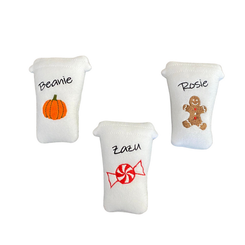 Personalized pumpkin spice latte, peppermint, or gingerbread cat toy and dog toy. They can be personalized with the pet's name for Christmas or Halloween.