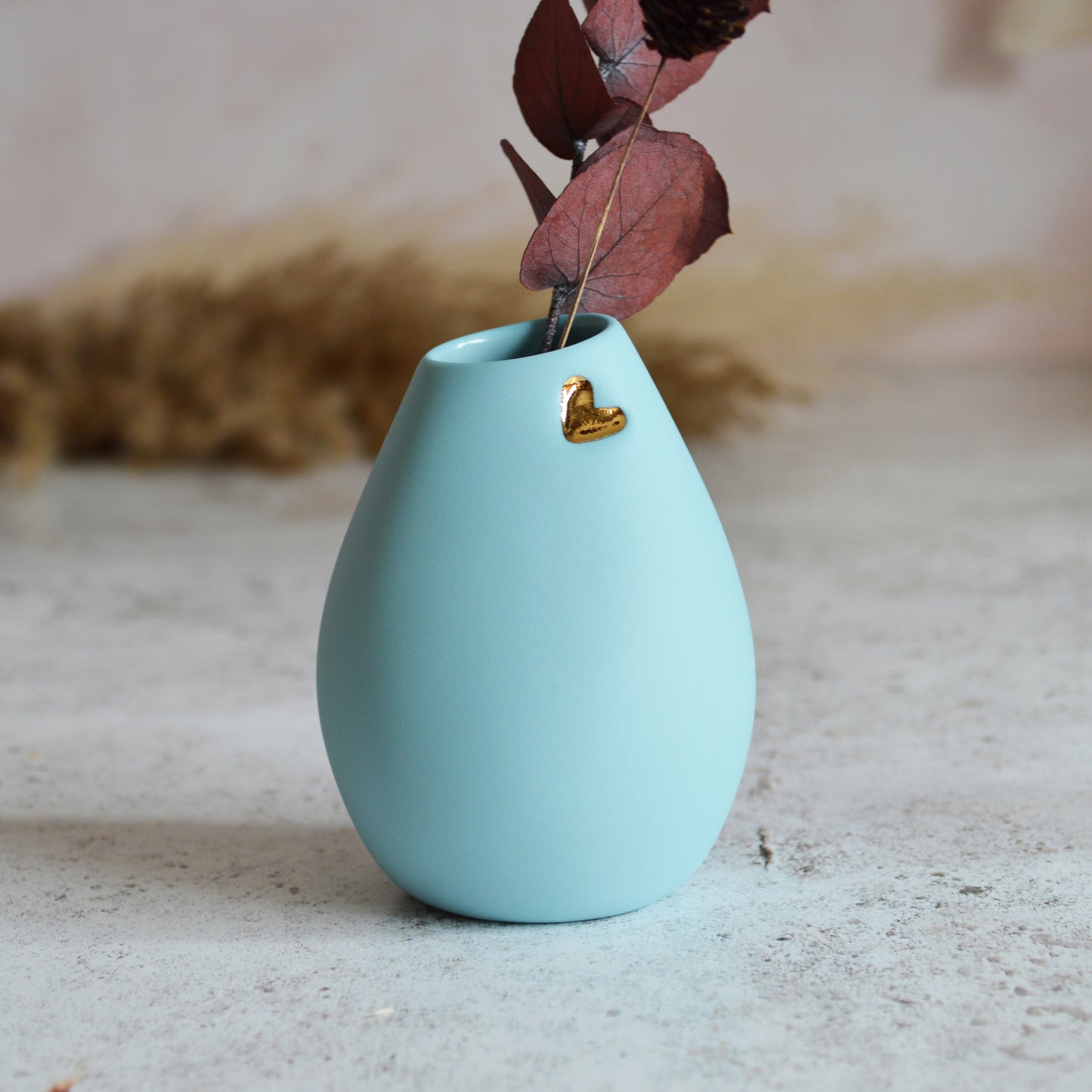Pastel Blue Bud Vase with an embossed gold heart