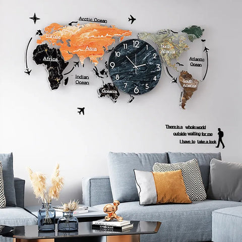 Large World Map Wall Clock Decor