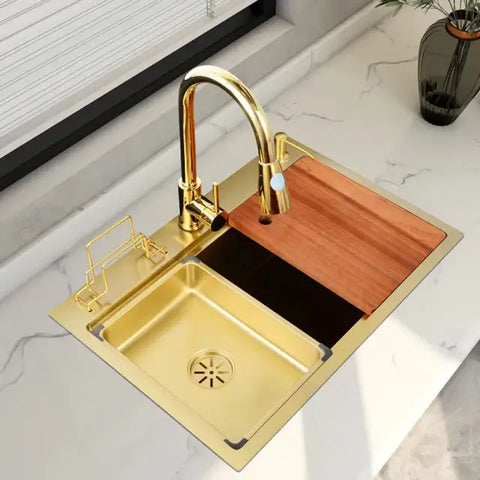 Single bowl gold washbasin with accessories