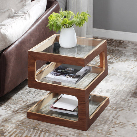 S-shaped Glass Side Table in Walnut