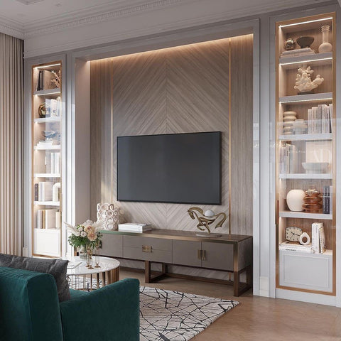 a tv stand area decorated with backlit shelves