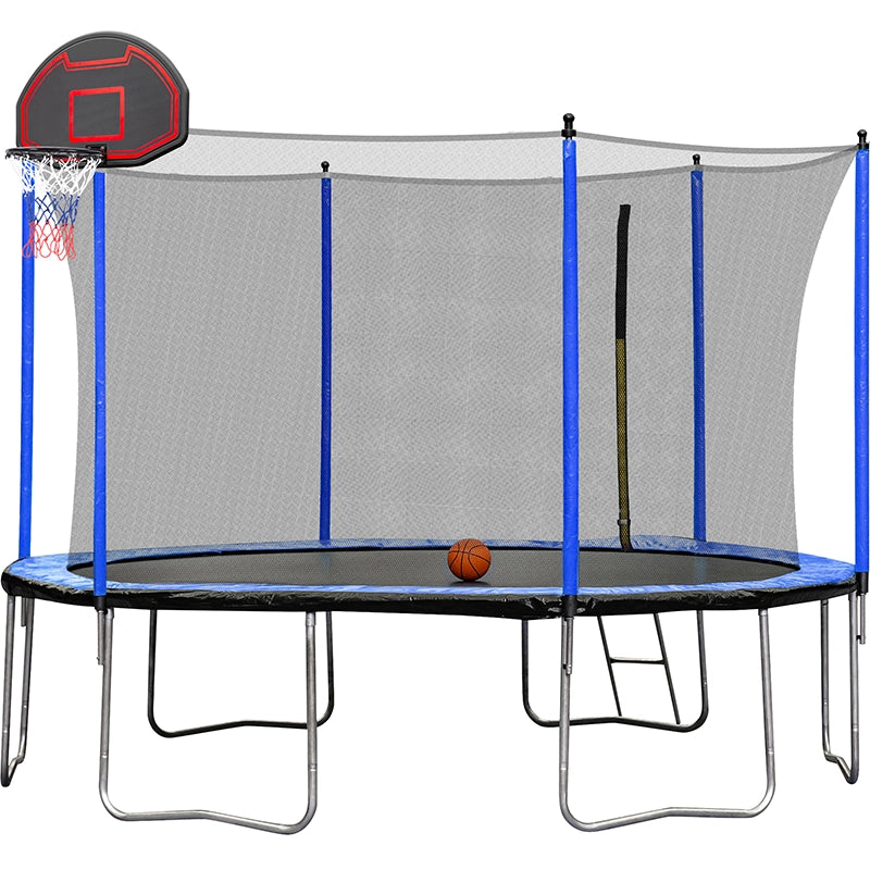 12 ft Trampoline with Basketball Hoop, Enclosure Net & Ladder in Blue Finish - Backyard Outdoor Trampoline