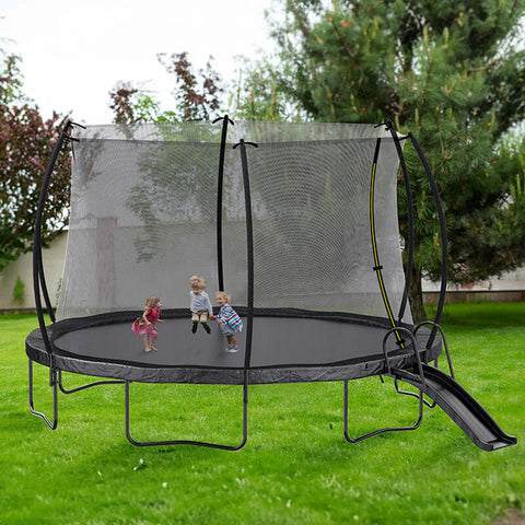 234.3" Black Outdoor Enclosure Net Pumpkin Trampoline with Slide & Ladder