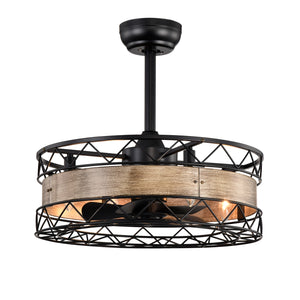 21" Modern Caged Ceiling Fan with Light, 5 ABS Blades, Remote Control in Matte Black & Wood Frame - CharmyDecor