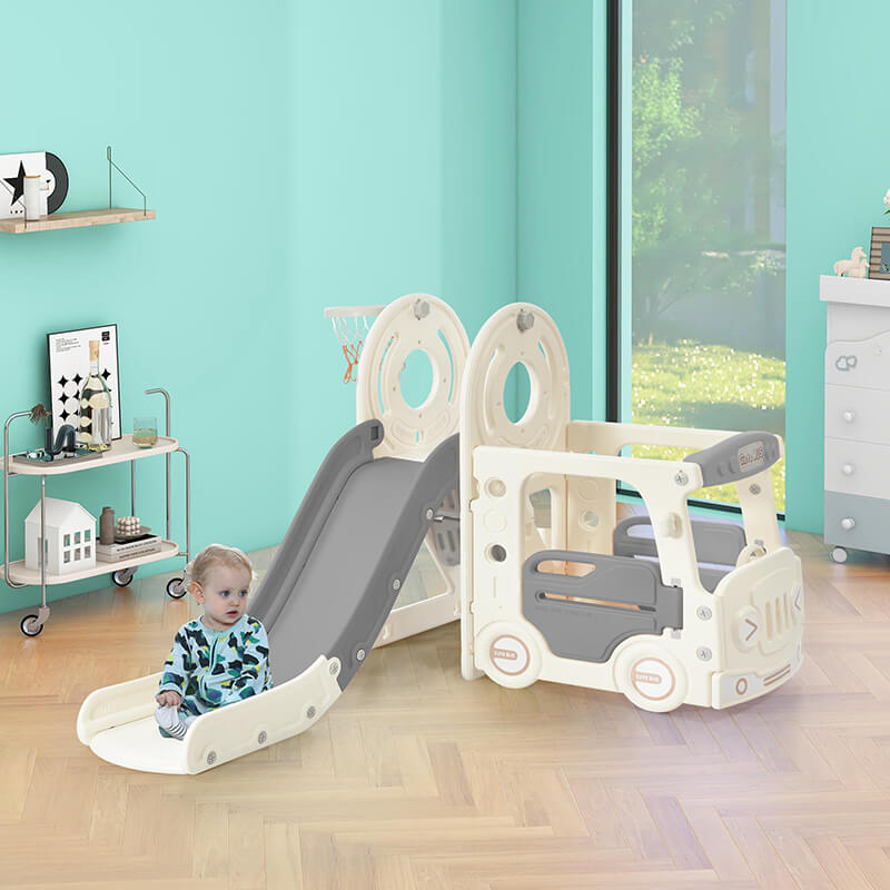 39" Freestanding Gray 4-in-1 Bus Toy Slide Set with Basketball Hoop