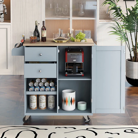 Blue kitchen cart with spice cart and towel rack