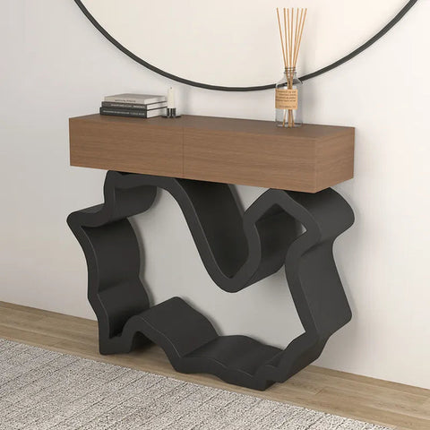 Modern Walnut & Black Console Table with Drawers