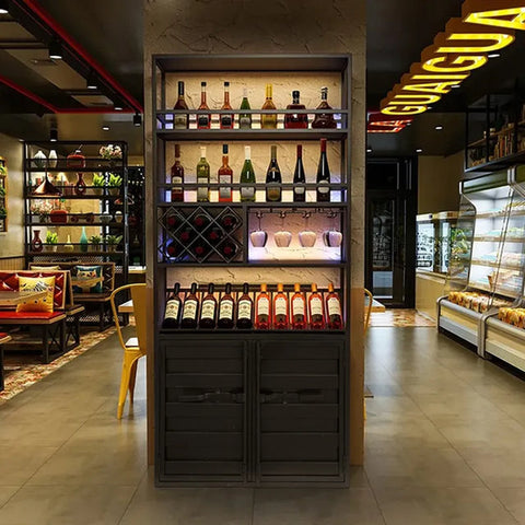 Industrial freestanding wine rack with glass door