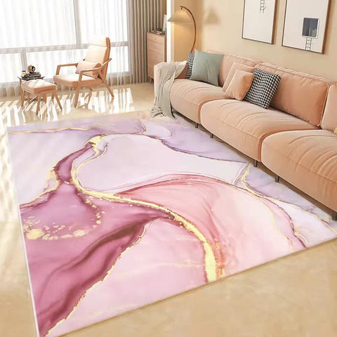 a room with a pink abstract rug