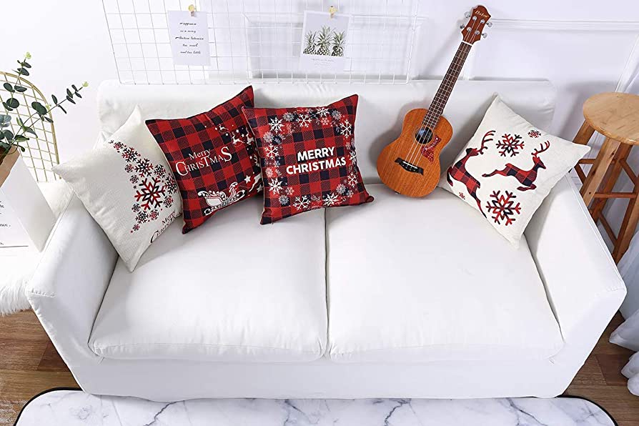 Holiday Throw Pillows on a White Couch