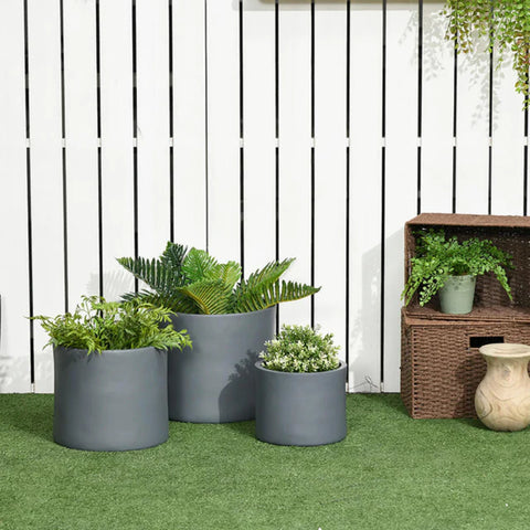 Set of 3 Outsunny Dark-Gray Planters with Drainage Holes