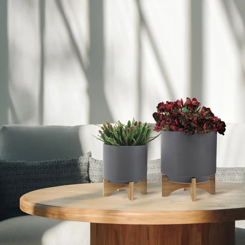 Modern Ceramic Gray Planter with Wooden Stand