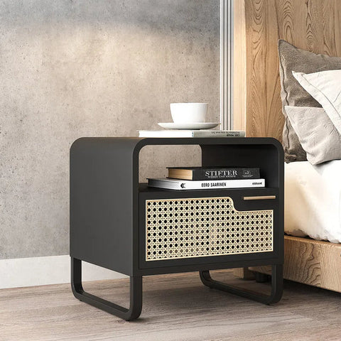 Black Rattan Woven Nightstand