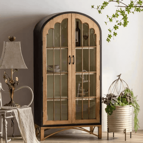 American Style Solid Wood Arch 2-Glass Doors Bookcase