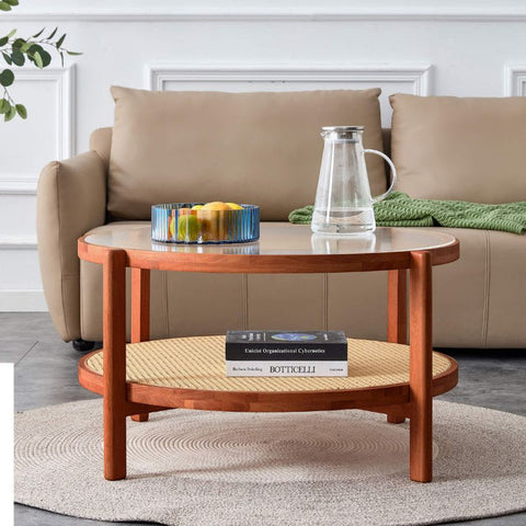 Circular Teak Glass Rattan Coffee Table