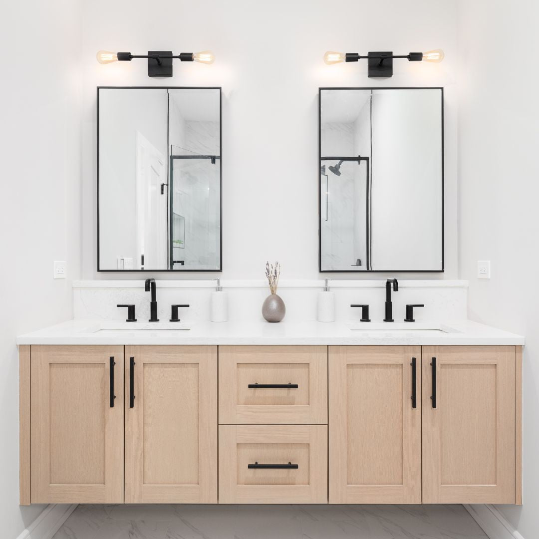 Wooden floating bathroom vanity with mirror in a restroom