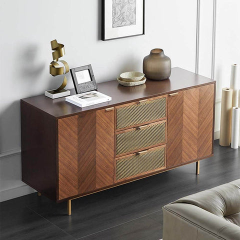 Herringbone Patterned Walnut Sideboard Buffet