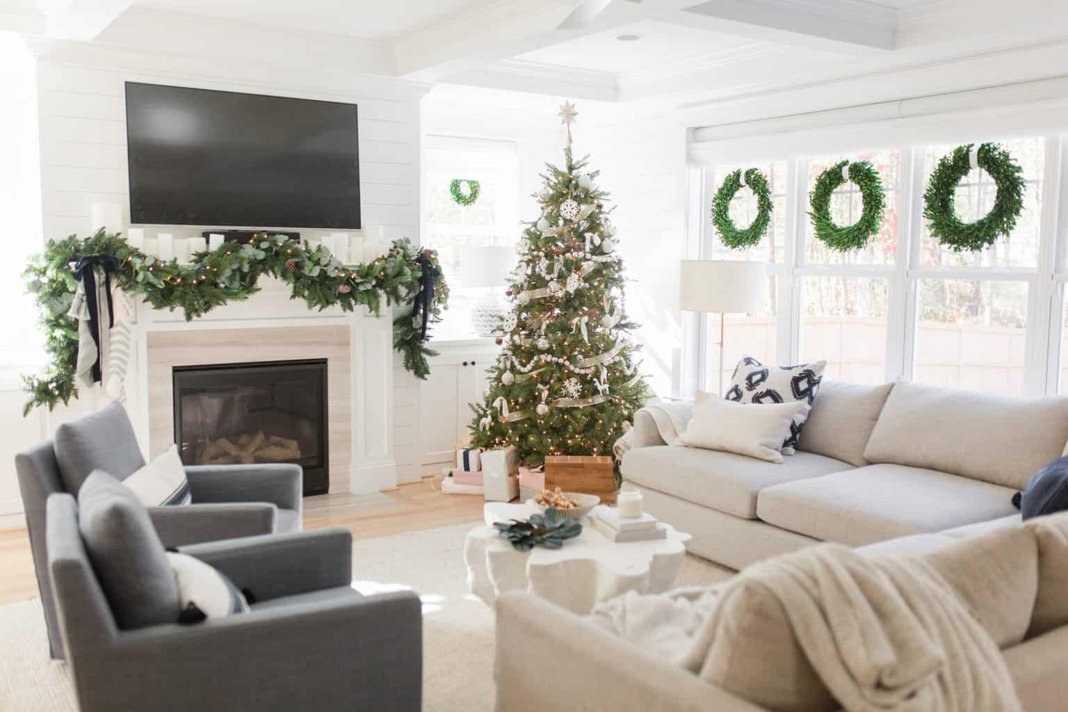 A Living Room Sparsely Decorated with Christmas Decor