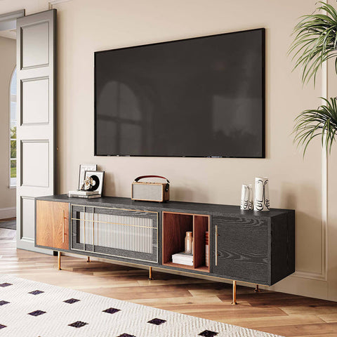 Modern Black TV Console with Glass Door