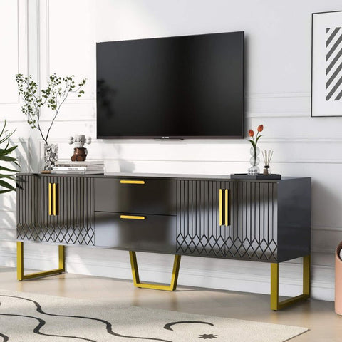Modern Black Wood TV Stand with 2 Drawers