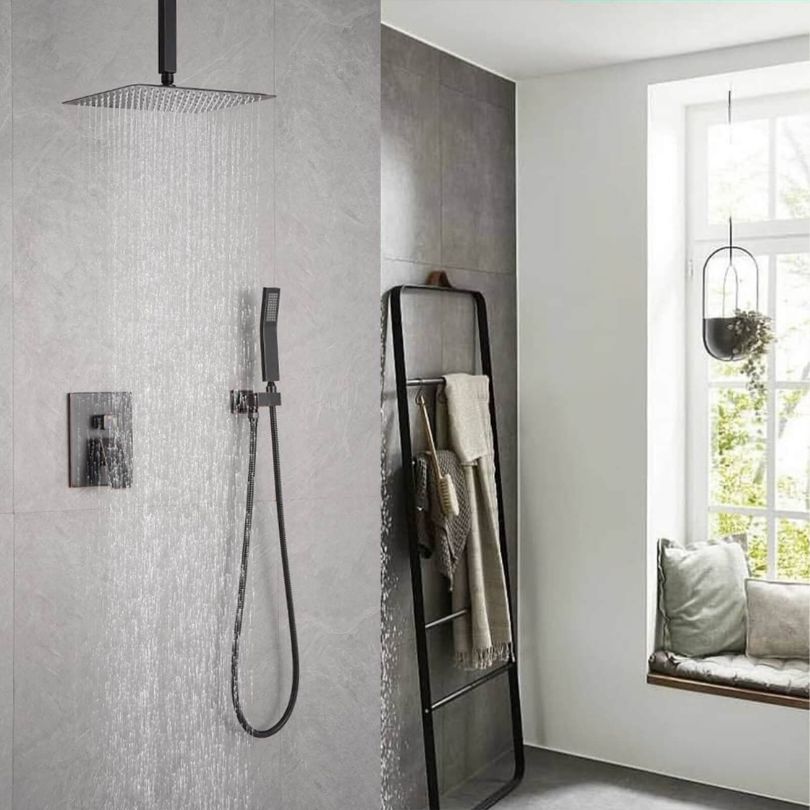 Modern Ceiling Mounted Black Shower System Combo Set with Hand Shower and 12" Shower head