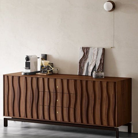 Patterned Walnut Credenza with 3 Drawers