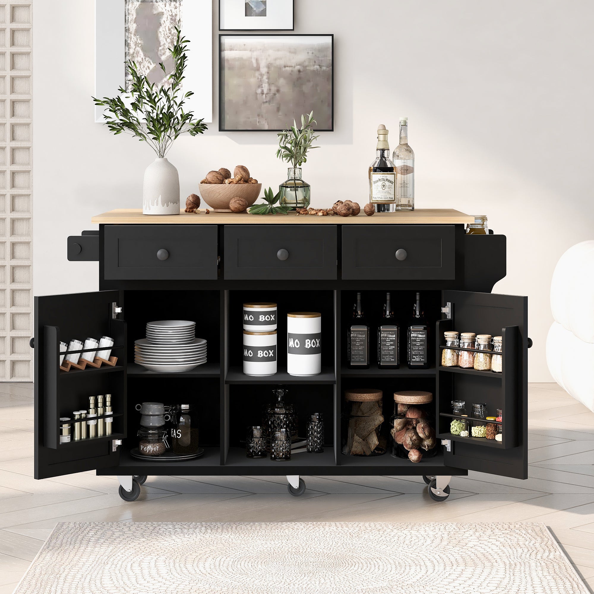 a black kitchen cart with wheels