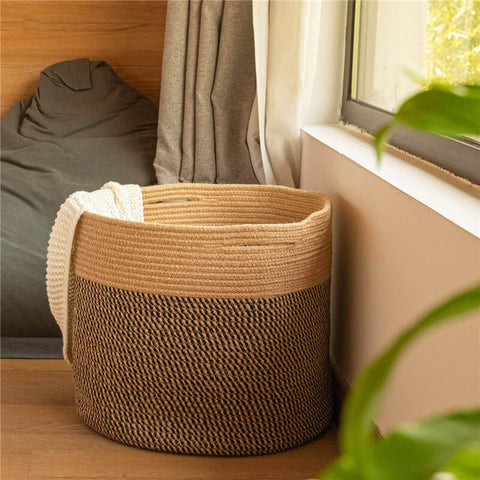 Two-toned Cotton Rope Laundry Basket for dorm storage