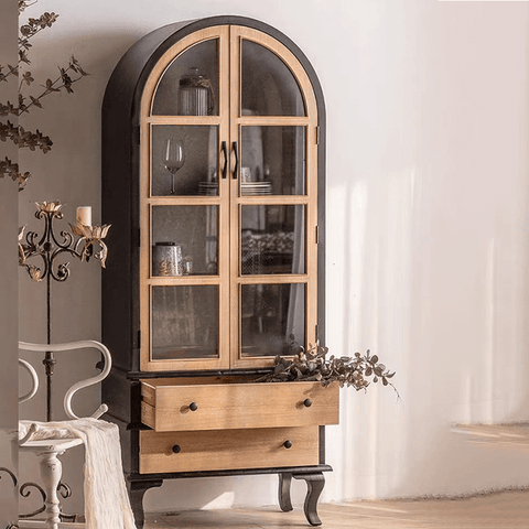 Vintage French Style Arch 2-Glass Doors Bookcase