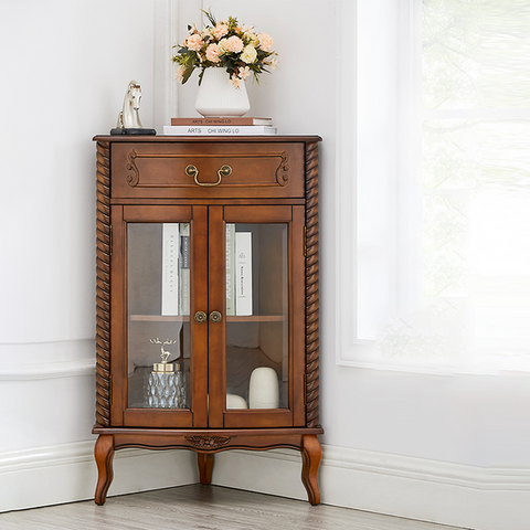 Walnut Corner Cabinet with Glass door and Drawer