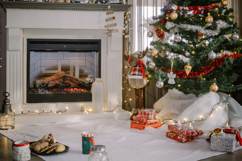 a winter-themed fireplace