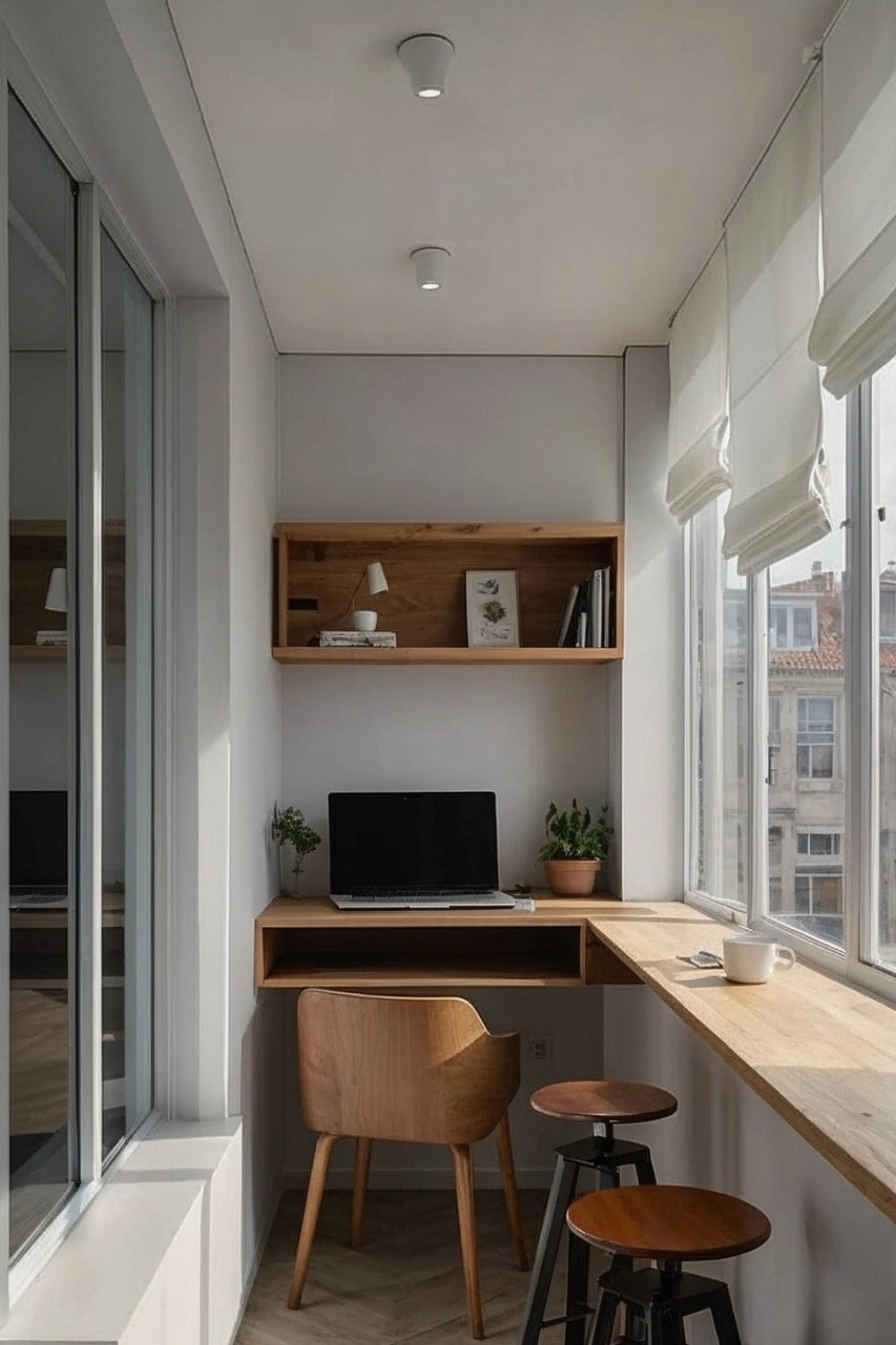 An image of a balcony desk setup for a functional and compact workspace